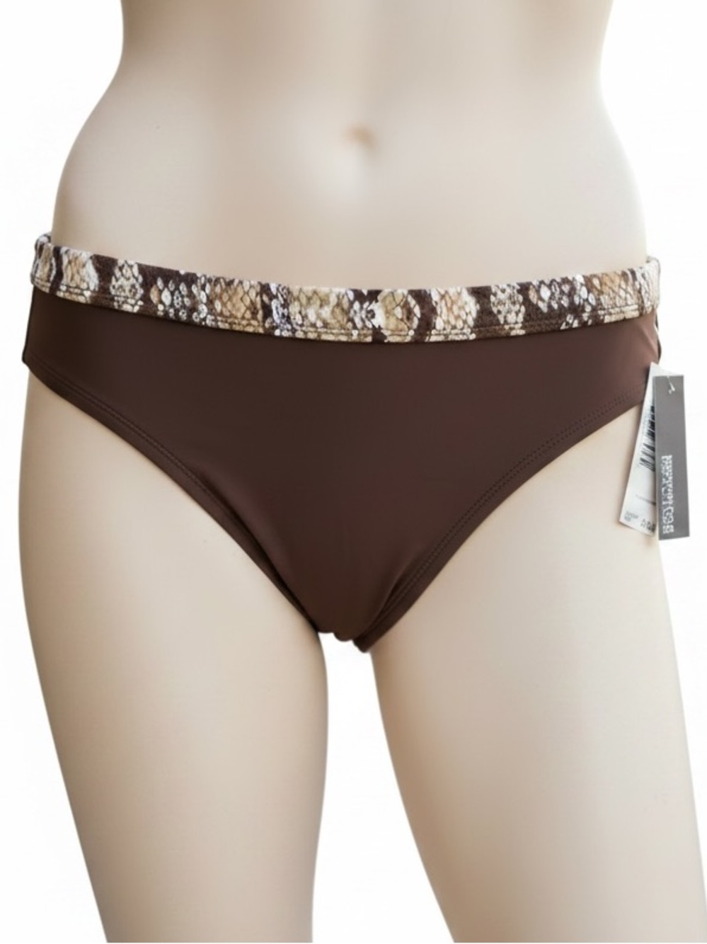 Kenneth Cole Reaction Brown Bikini Bottom with Snake-Print Waistband - NWT - M